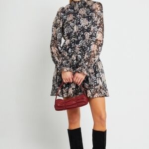 Anthro Opt One Pretty Time Lluvia mini dress long sleeves floral silver Sz M